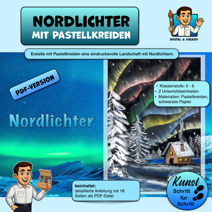 Kunstprojekt „Nordlichter“: Winterlandschaft mit Pastellkreiden Schritt für Schritt (PDF, 18 Seiten) – Titelbi