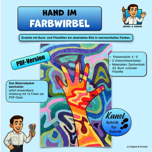 Kunstprojekt „Hand im Farbwirbel“ – Titelbild