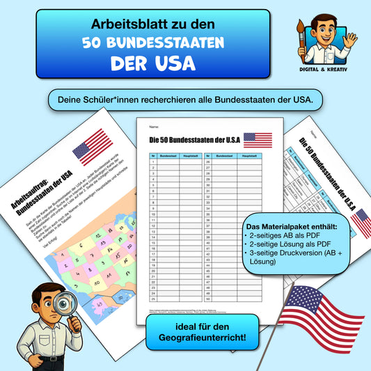 Bundesstaaten der USA Arbeitsauftrag (2 Seiten) | Rechercheaufgabe | inkl. Lösung | PDF – Titelbild