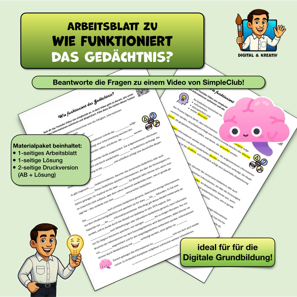 Arbeitsblatt: Wie funktioniert das Gedächtnis? (Videoarbeit mit Lückentext) | inkl. Lösung | PDF – Titelbild