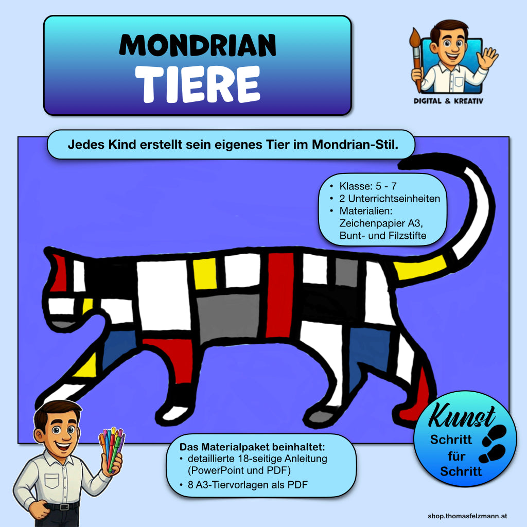 Mondrian Tiere Kunstprojekt (18 Folien) | Schritt für Schritt Anleitung | PowerPoint + PDF – Titelbild
