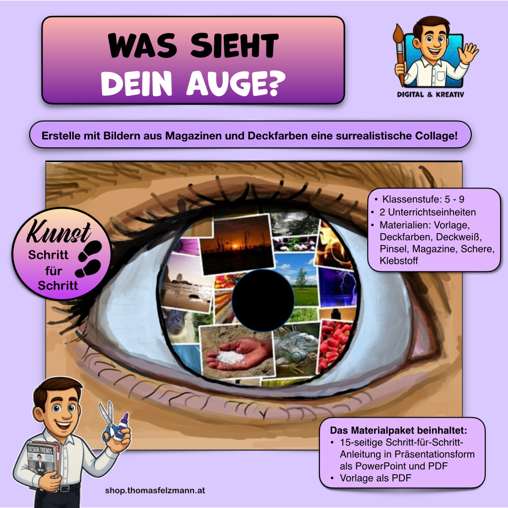 Kunstprojekt „Was sieht dein Auge?“ (13 Seiten) | Deckfarben + Collage | PDF + PP + A3 Vorlage – Titelbild