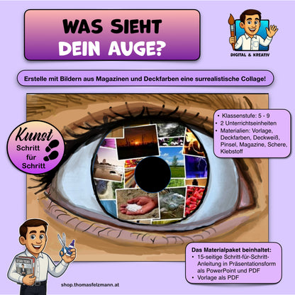 Kunstprojekt „Was sieht dein Auge?“ (13 Seiten) | Deckfarben + Collage | PDF + PP + A3 Vorlage – Titelbild