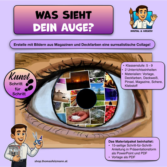 Kunstprojekt „Was sieht dein Auge?“ (13 Seiten) | Deckfarben + Collage | PDF + PP + A3 Vorlage – Titelbild