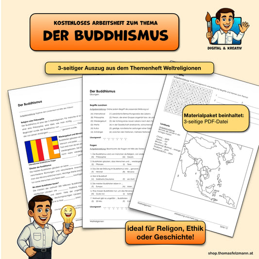 Arbeitsblattpaket „Der Buddhismus“ | Weltreligionen | 3 Seiten | Lückentext, Übungen, Suchgitter, Landkarte – 