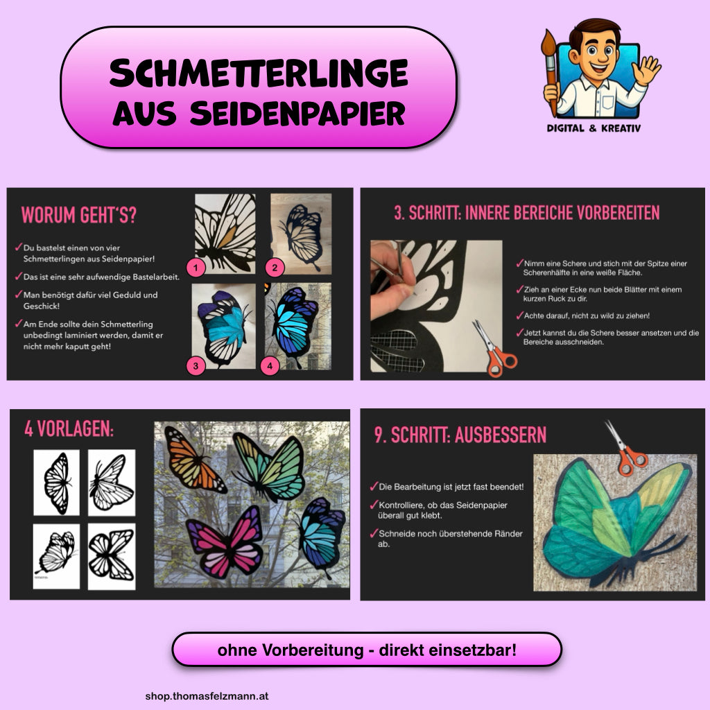 Schmetterlinge als Fensterbilder – Kunstprojekt mit Seidenpapier (Schritt-für-Schritt-Anleitung, 18 Seiten + 5 Druckvorlagen, PP + PDF)