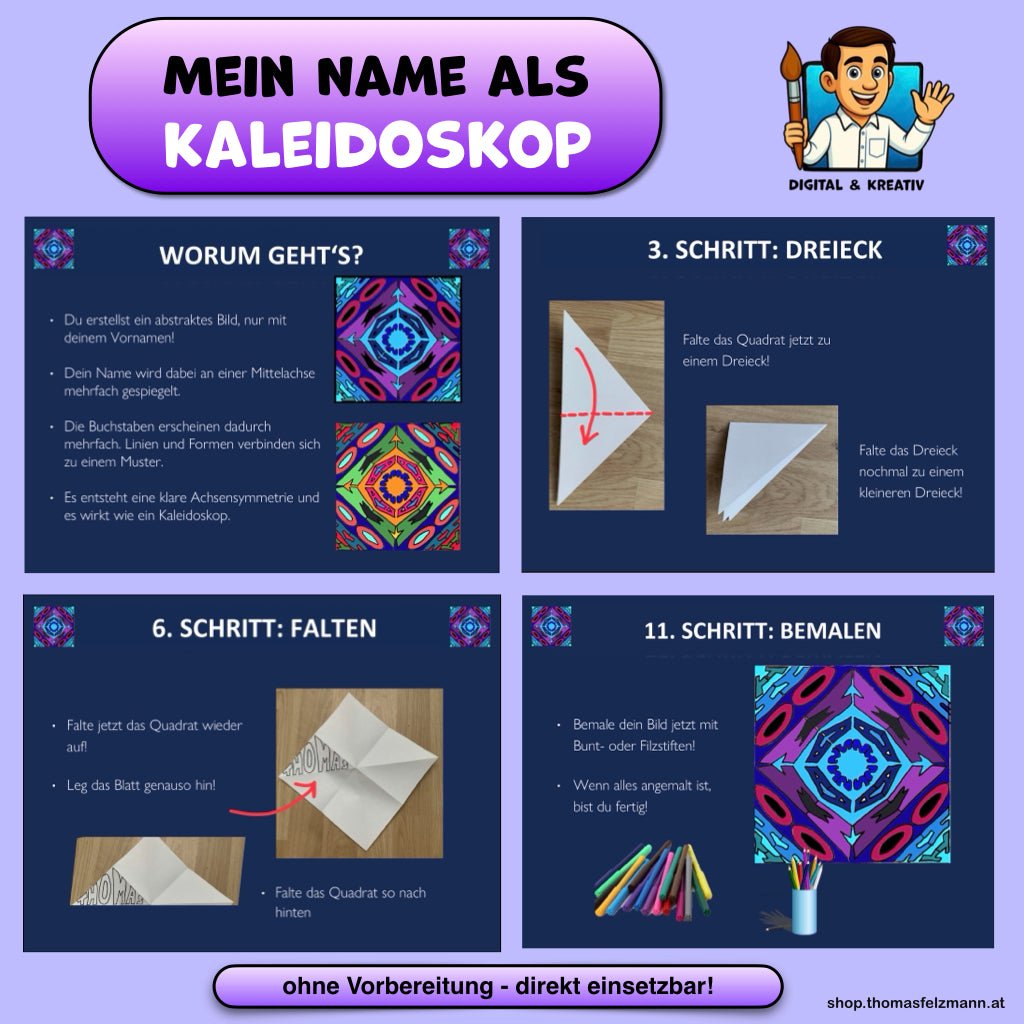 Mein Name als Kaleidoskop – Kunstprojekt mit Achsensymmetrie (16-seitige Anleitung | PowerPoint + PDF)