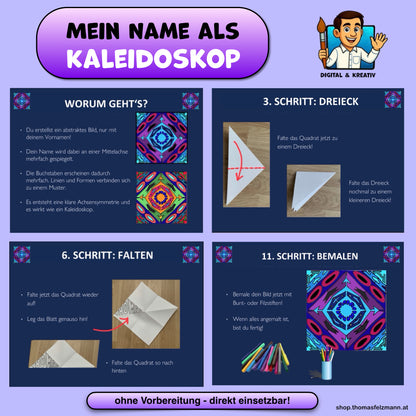 Mein Name als Kaleidoskop – Kunstprojekt mit Achsensymmetrie (16-seitige Anleitung | PowerPoint + PDF)