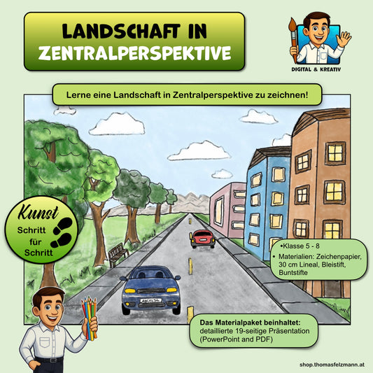 Landschaft in Zentralperspektive (19 Seiten) – Schritt-für-Schritt-Anleitung (PPTX + PDF)