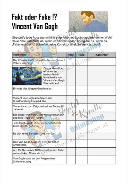Fakt oder Fake? – Vincent van Gogh | Arbeitsheft (2 Seiten inkl. Lösung)