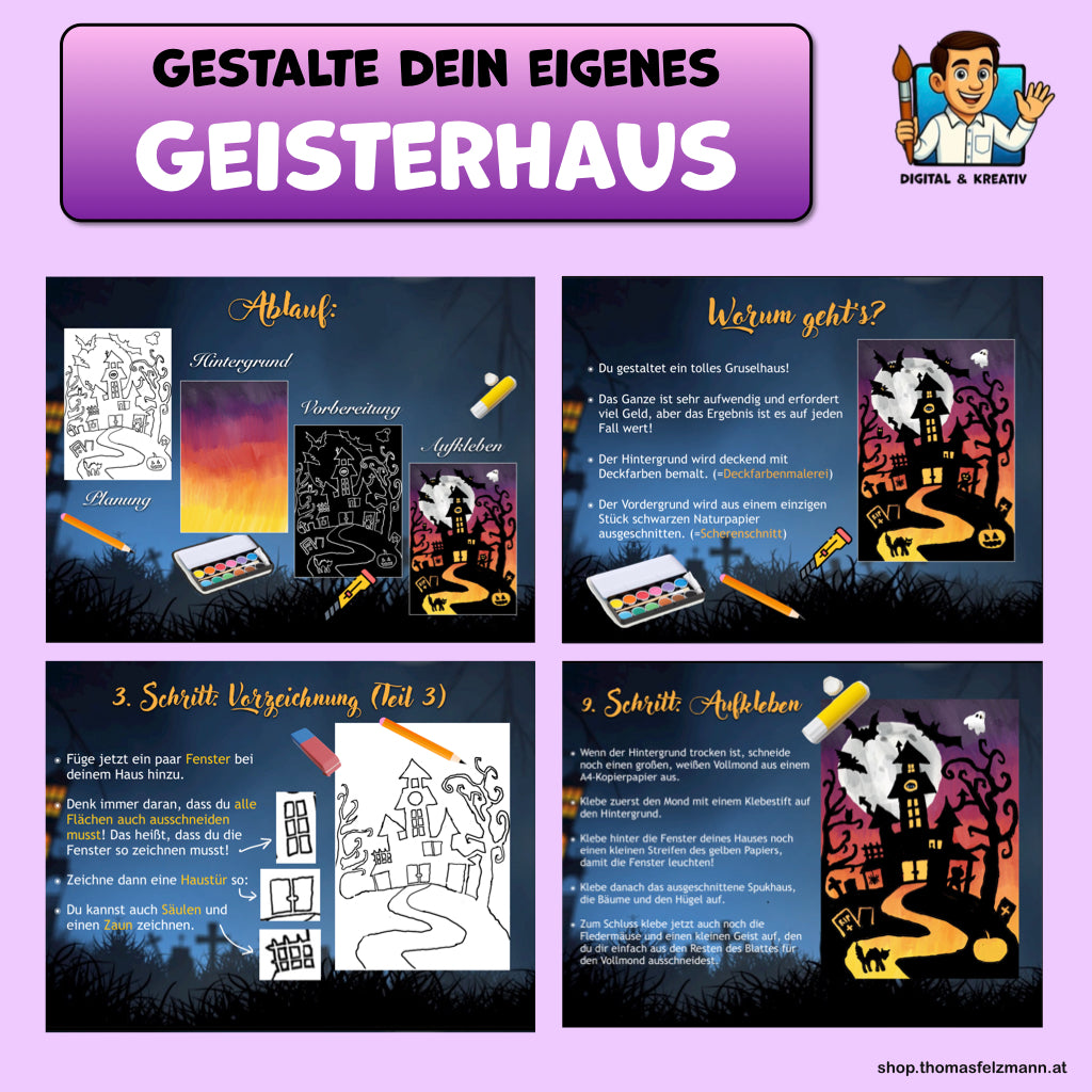 Silhouetten Bundle - 4 Kunstprojekte mit Deckfarben und schwarzem Tonpapier (PowerPoint, PDF)
