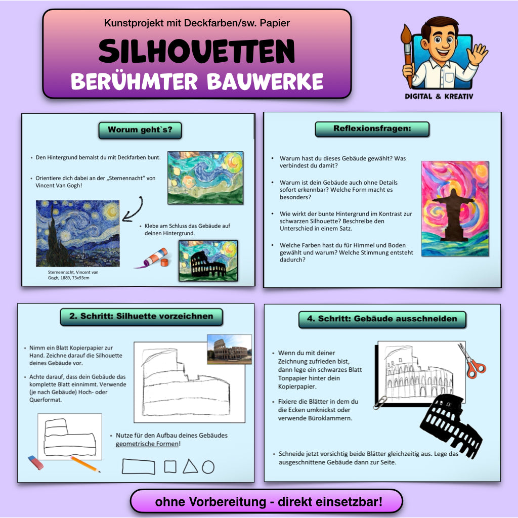 Silhouetten Bundle - 4 Kunstprojekte mit Deckfarben und schwarzem Tonpapier (PowerPoint, PDF)