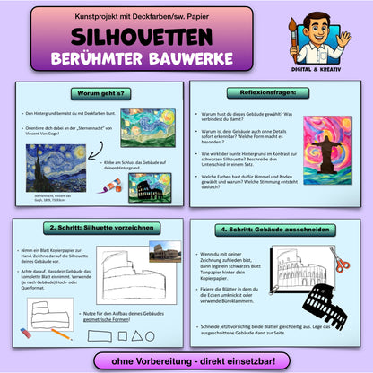 Silhouetten Bundle - 4 Kunstprojekte mit Deckfarben und schwarzem Tonpapier (PowerPoint, PDF)