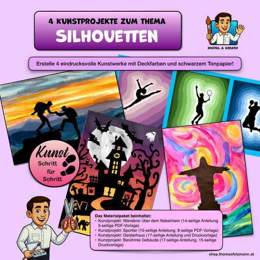 Silhouetten Bundle - 4 Kunstprojekte mit Deckfarben und schwarzem Tonpapier (PowerPoint, PDF)
