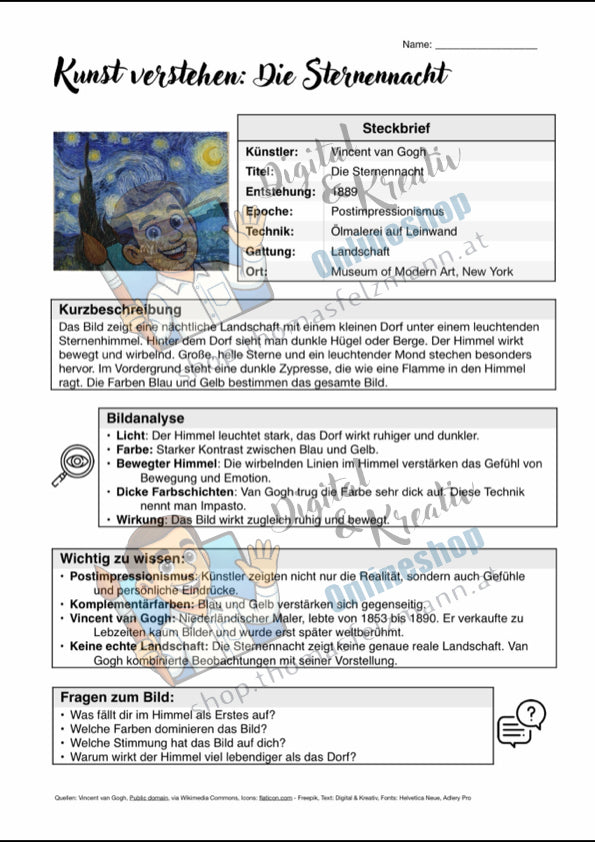 Infoblatt Kunst verstehen Sternennacht Van Gogh