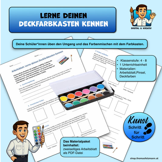 Lerne deinen Deckfarbkasten kennen – Arbeitsblatt (2 Seiten, PDF)