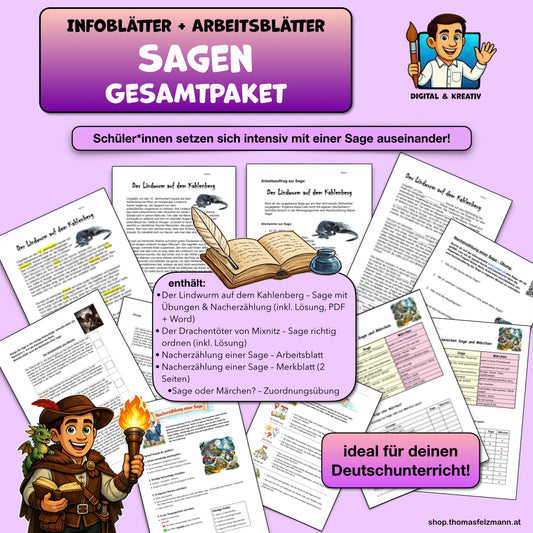 Sagen-Gesamtpaket – Lesen, Ordnen & Nacherzählen (10+ Seiten PDF + Word inkl. Lösungen)