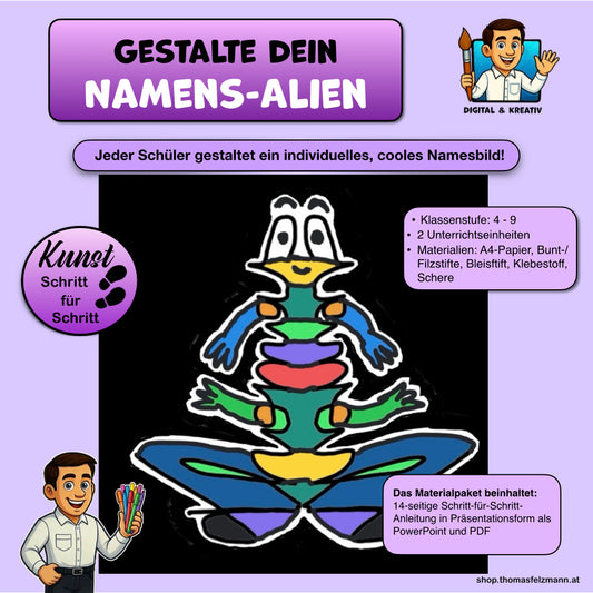 Namens Alien mit Symmetrie, Schritt für Schritt Anleitung mit 14 Folien als PowerPoint + PDF