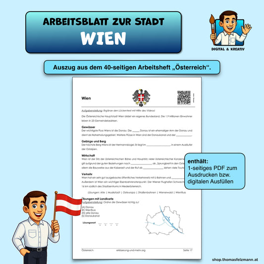 Arbeitsblatt Wien aus dem Arbeitsheft "Österreich"| 1 Seite | Lückentext + Landkarte-Übung