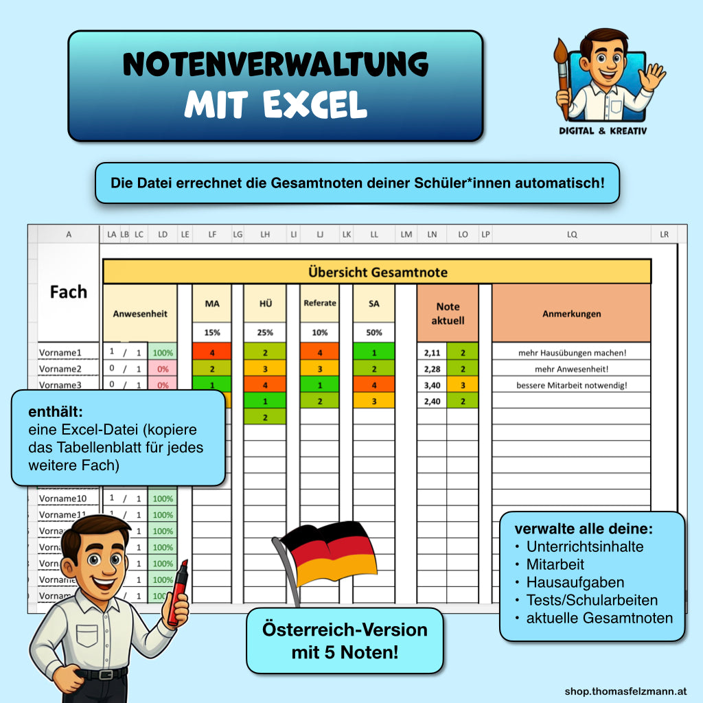 Notenberechnung leicht gemacht! Excel-Datei 6 Noten (D-Version)