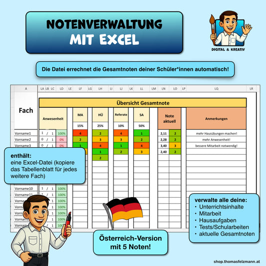 Notenberechnung leicht gemacht! Excel-Datei 6 Noten (D-Version)