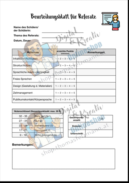 Beurteilungsblatt für Referate (5 Noten)