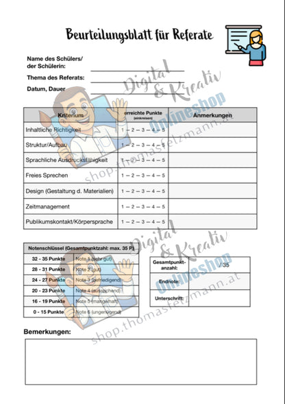 Beurteilungsblatt für Referate (6 Noten)