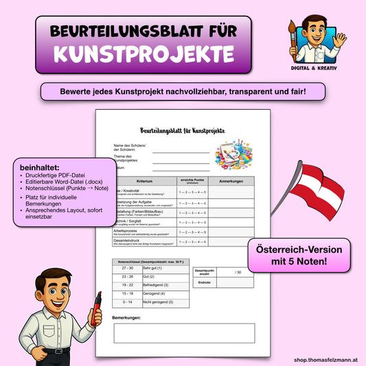 Beurteilungsblatt für Kunstprojekte – Bewertungsbogen für den Kunstunterricht (5-Noten-System)