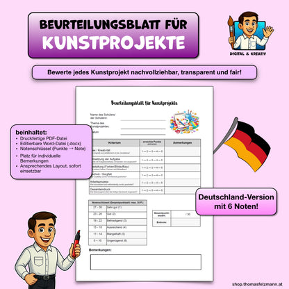Bewertungsbogen für Kunstprojekte – Bewertung im Kunstunterricht (6-Noten)