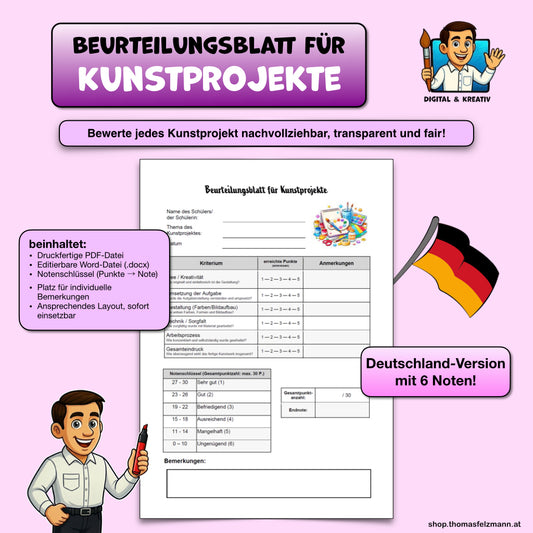 Bewertungsbogen für Kunstprojekte – Bewertung im Kunstunterricht (6-Noten)