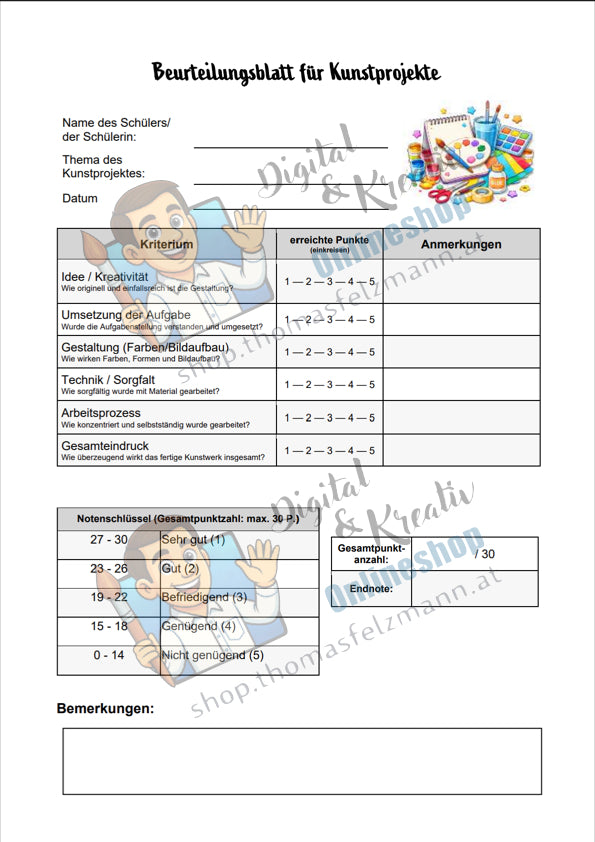 Beurteilungsblatt für Kunstprojekte – Bewertungsbogen für den Kunstunterricht (5-Noten-System)