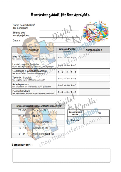 Beurteilungsblatt für Kunstprojekte – Bewertungsbogen für den Kunstunterricht (5-Noten-System)