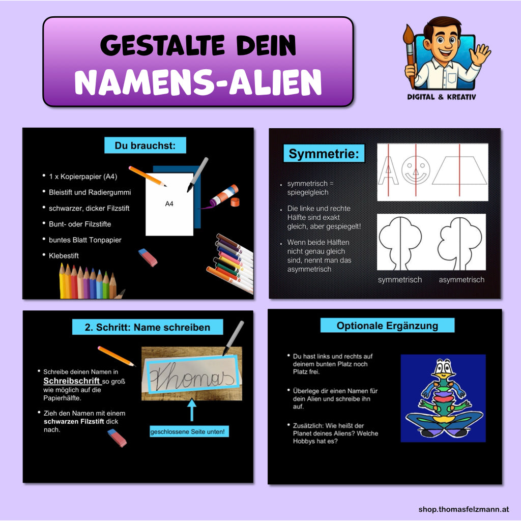 Namens Alien mit Symmetrie, Schritt für Schritt Anleitung mit 14 Folien als PowerPoint + PDF