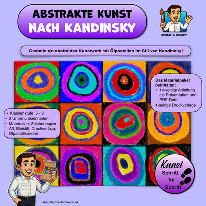 Abstrakte Kunst nach Kandinsky, 14-seitige Schritt-für-Schritt-Anleitung (PowerPoint + PDF)