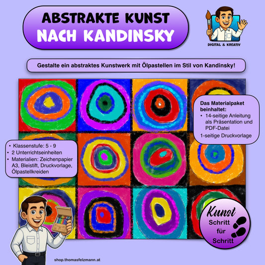Abstrakte Kunst nach Kandinsky, 14-seitige Schritt-für-Schritt-Anleitung (PowerPoint + PDF)
