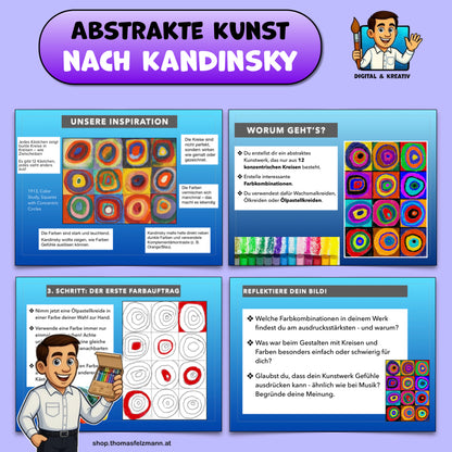 Abstrakte Kunst nach Kandinsky, 14-seitige Schritt-für-Schritt-Anleitung (PowerPoint + PDF)
