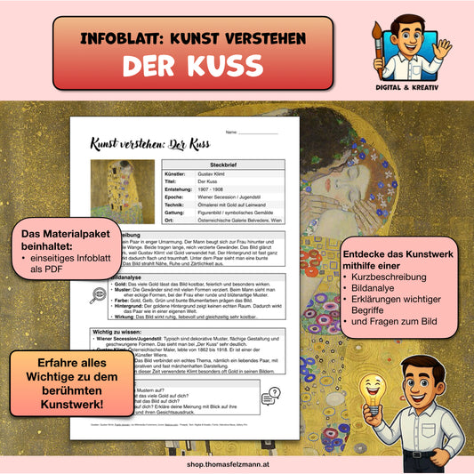 Kunst verstehen: Der Kuss von Gustav Klimt | Infoblatt mit Bildanalyse und Fragen