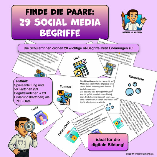 Social Media Begriffe Spiel für die Digitale Grundbildung, 29 Begriffe, 58 Karten, PDF