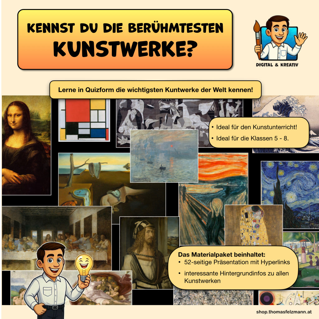 Die bekanntesten Kunstwerke der Welt, interaktive Quiz-Präsentation für den Kunstunterricht, 52 Seiten