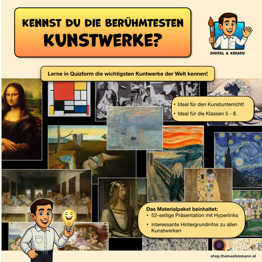 Die bekanntesten Kunstwerke der Welt, interaktive Quiz-Präsentation für den Kunstunterricht, 52 Seiten