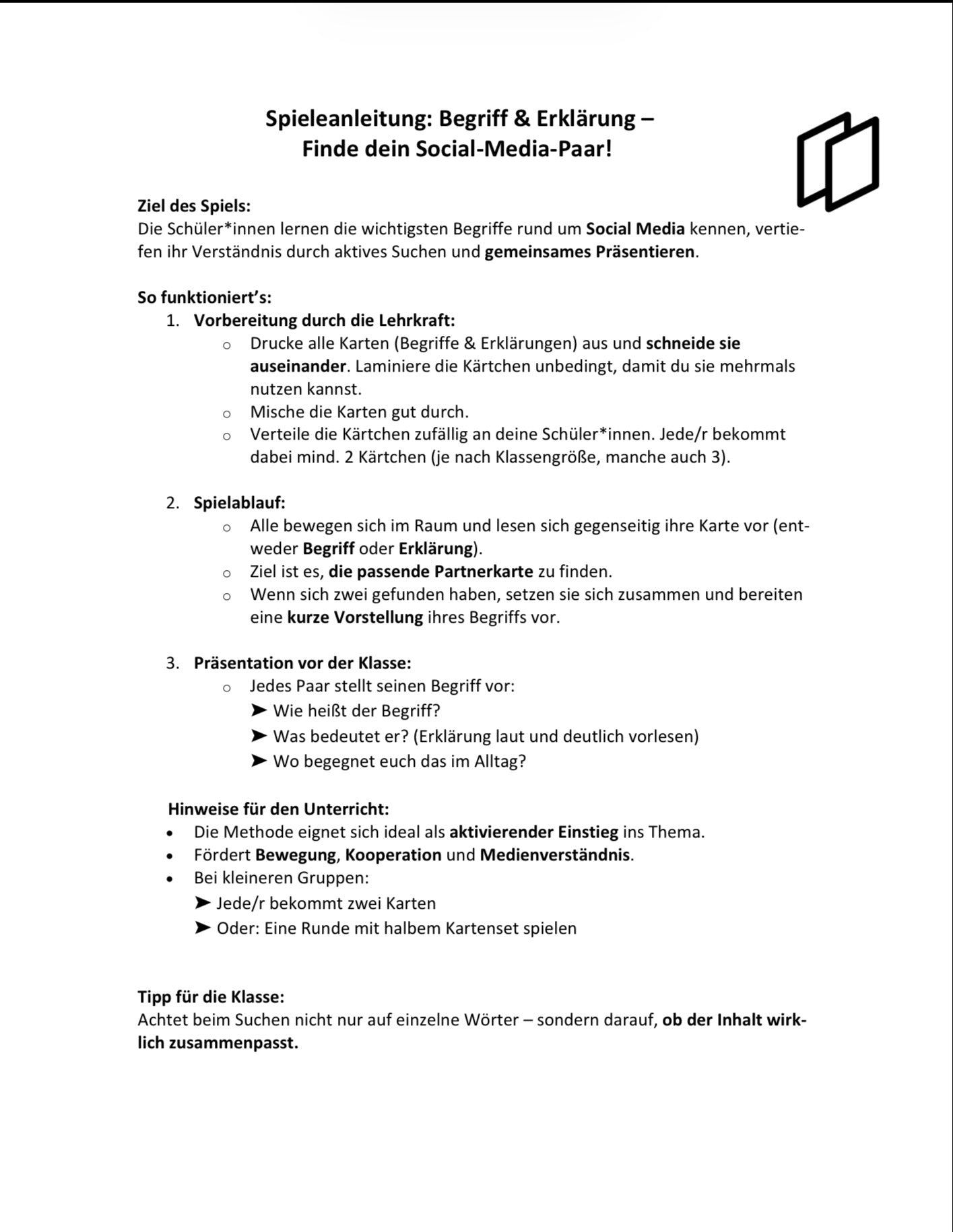 Social Media Begriffe Spiel für die Digitale Grundbildung, 29 Begriffe, 58 Karten, PDF