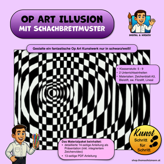Op-Art Schachbrettmuster, Schritt-für-Schritt-Anleitung mit 14 Seiten und Zeichenvideo (PowerPoint und PDF)