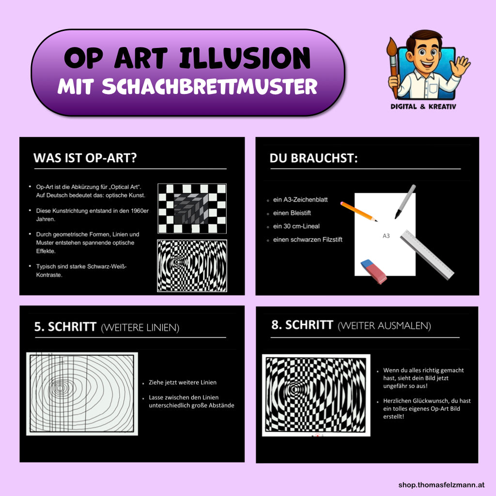 Op-Art Schachbrettmuster, Schritt-für-Schritt-Anleitung mit 14 Seiten und Zeichenvideo (PowerPoint und PDF)