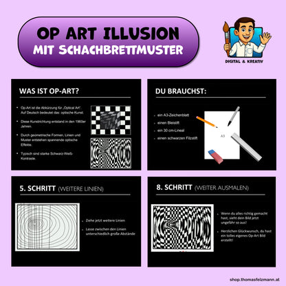 Op-Art Schachbrettmuster, Schritt-für-Schritt-Anleitung mit 14 Seiten und Zeichenvideo (PowerPoint und PDF)