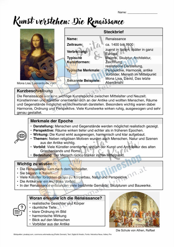 Kunst verstehen: Die Renaissance – 2-seitiges Infoblatt für den Kunstunterricht
