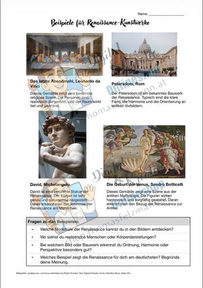 Kunst verstehen: Die Renaissance – 2-seitiges Infoblatt für den Kunstunterricht