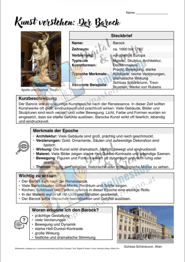 Kunst verstehen: Der Barock – zweiseitiges Infoblatt zur Kunstepoche für den Kunstunterricht