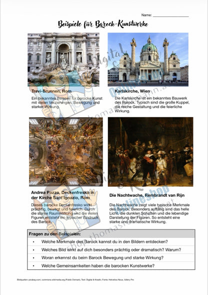 Kunst verstehen: Der Barock – zweiseitiges Infoblatt zur Kunstepoche für den Kunstunterricht