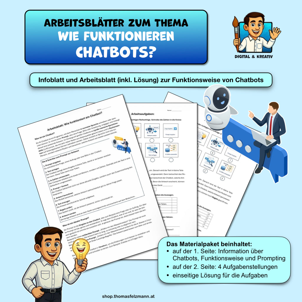 Wie funktioniert ein Chatbot? Arbeitsblatt zur Künstlichen Intelligenz (2 Arbeitsblattseiten + Lösung)