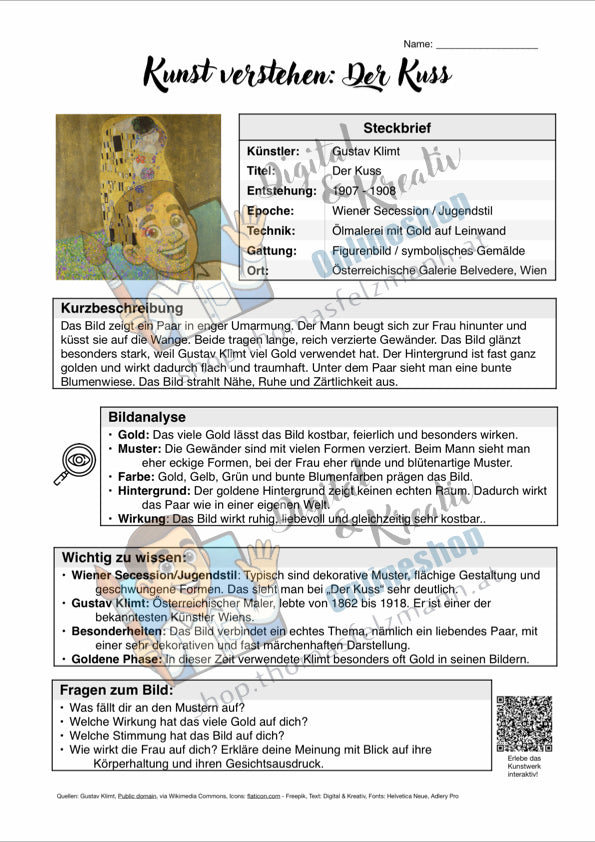 Kunst verstehen: Der Kuss | Infoblatt mit QR-Code zur interaktiven Ansicht (1 Seite PDF)